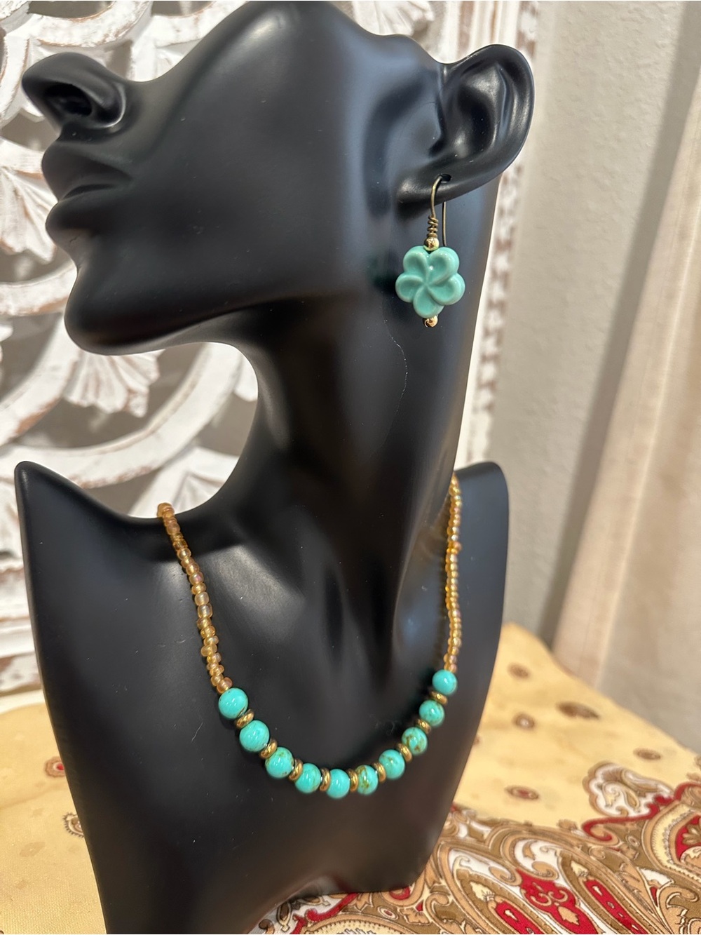 Turquoise Bead and Gold Accent Necklace and Earrings Set